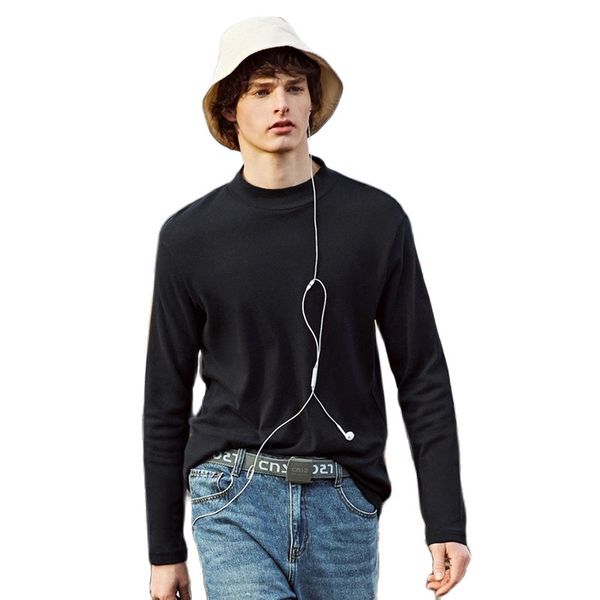 

semir men 100% cotton long sleeve t-shirt mock-turtleneck solid men's classic t shirt regular fit 201004, White;black