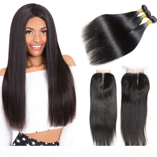

straight human hair extension 3 bundles with closure natural black 7a grade unprocessed human hair bundles natural black color 1b, Black;brown