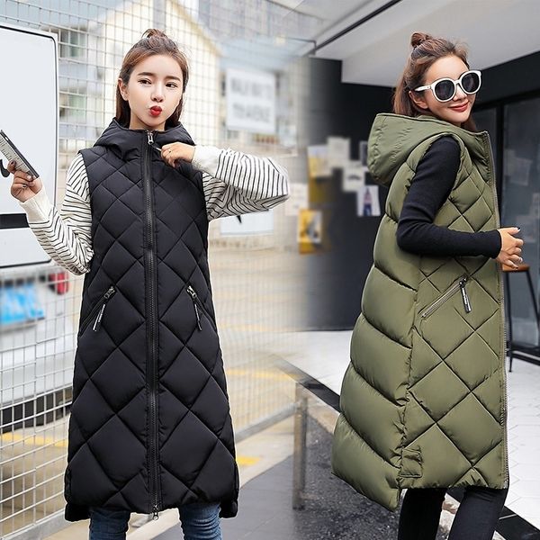 

autumn winter hooded long down vests women solid sleeveless loose mixi waistcoat female 2020 new fashion casual warm lady coats 201124, Black;white