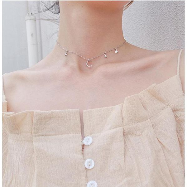 

s925 simple temperament stars moon necklace necklace korean new zircon pentagram star crescent choker cla sqcsha beauty888, Silver
