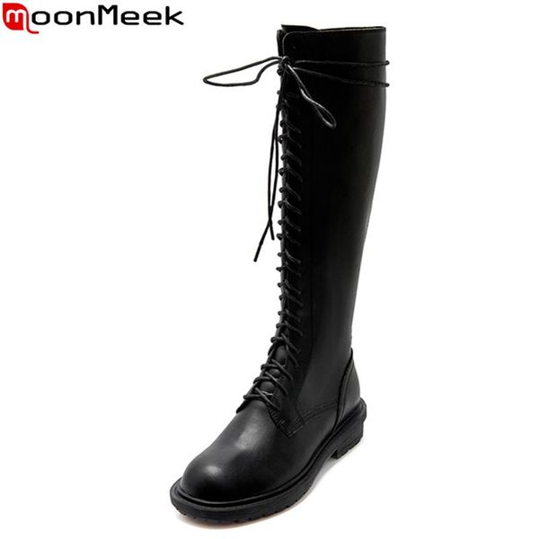 

moonmeek 2021 genuine leather boots low heel square toe black color ladies shoes winter fashion comfortable knee high boots