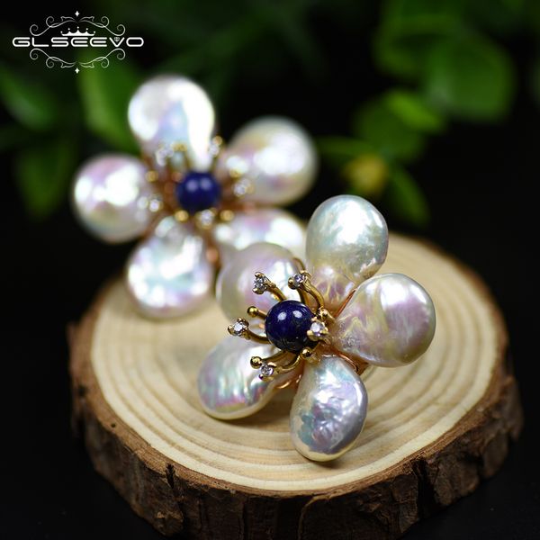 

glseevo natural fresh water baroque pearl lapis lazuli flower 925 sterling silver stud earring for women fine jewellery ge0598 200923, Golden;silver