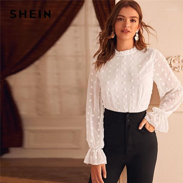 

shein white swiss dot flounce sleeve solid blouse women spring summer frilled collar office ladies elegant blouses and 1