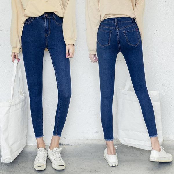 

women fashion new jeans 2020 spring summer frayed high waist skinny ankle-length slim pencil pants plus size1, Blue