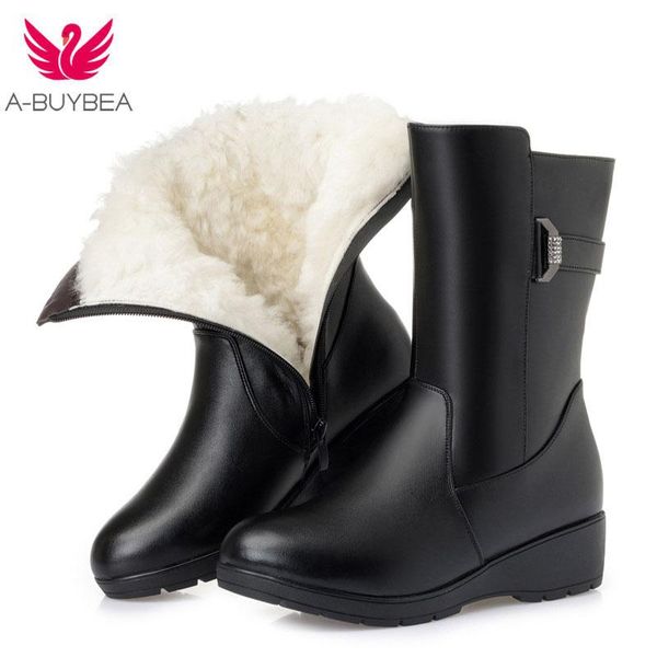 

boots winter mid-calf wool fur inside warm shoes women wedges heels genuine leather platform snow footwear botas, Black
