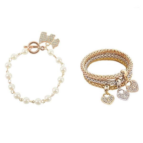 

1pcs faux pearl crystal dog pendant chain link charms bracelet & 3pcs gold silver rose gold rhinestone heart bracelets1, Black