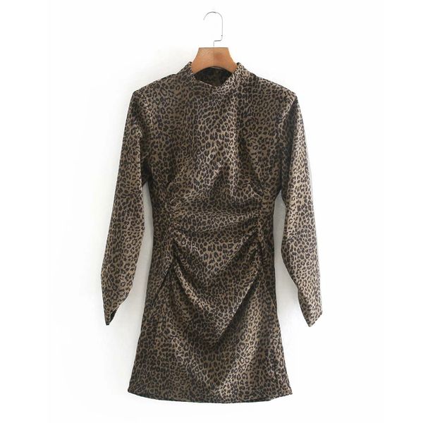 

2021 new leopard croduroy mini woman vintage animal print high neck long sleeve dress women autumn winter elegant ladies dresses 6mch, Black;gray