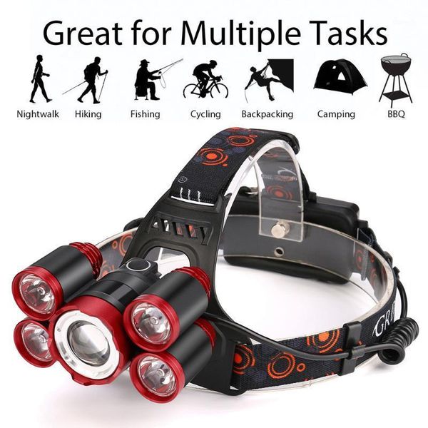 

new 5x xm-l t6 led 35000l rechargeable headlamp headlight travel head torch aluminum alloy 219g light ap08031