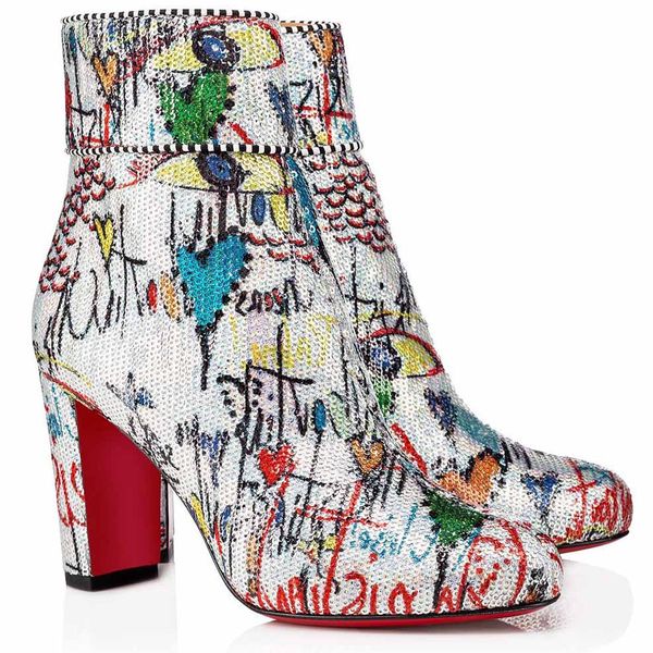 

pretty womans boots thick heels red bottom high heels boot,sequined with graffiti moulamax 85mm loubitag paillette ankle boot silver, Black