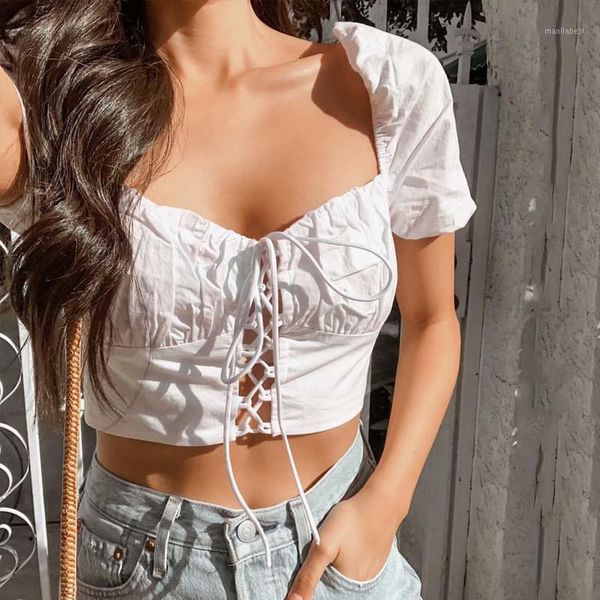 

summer blouse women shirt tees elegant 2019 retro cross strap hollow square collar slim crop shirt blouse female1, White