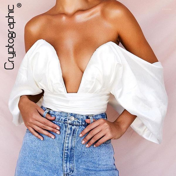 

cryptographic fashion blouses women solid deep v-neck off shoulder strapless bow lace up backless ladies cropped streetwear1, White