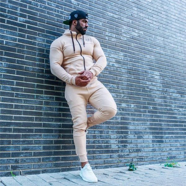 

men's tracksuits sportswear set gym fitness training suit zipper hoodie + cotton sports pants, Gray