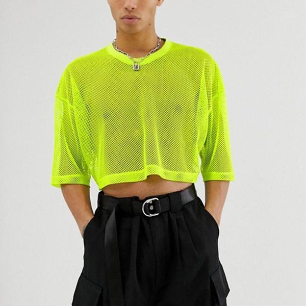 

fashion men mesh t shirt transparent o neck short sleeve solid casual crop 2020 streetwear breathable mens t-shirts incerun1, White;black