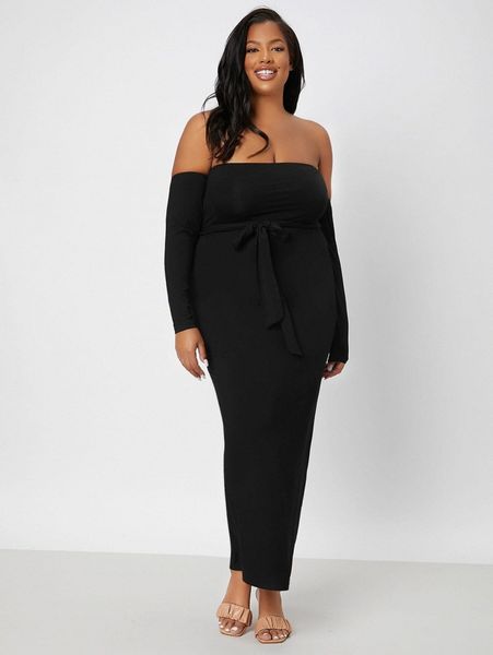 

sxy plus off shoulder belted bodycon dress d0fj#, Black