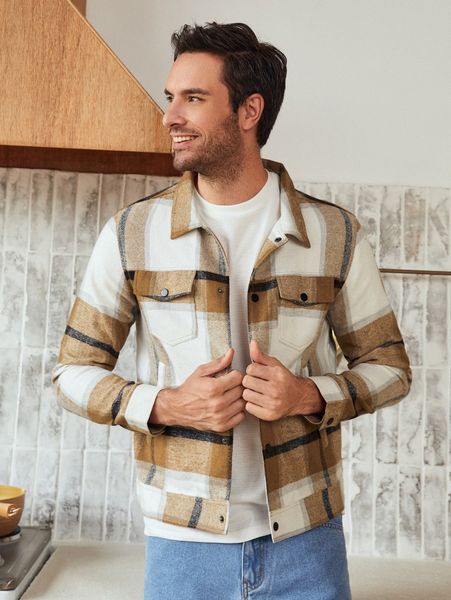 

men plaid print flap pocket overcoat 88mt#, Black;brown