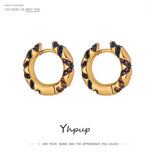 

hoop & huggie yhpup luxury shiny cubic zirconia round hollow earrings for women charm metal 14 k plated copper exquisite 20211, Golden;silver