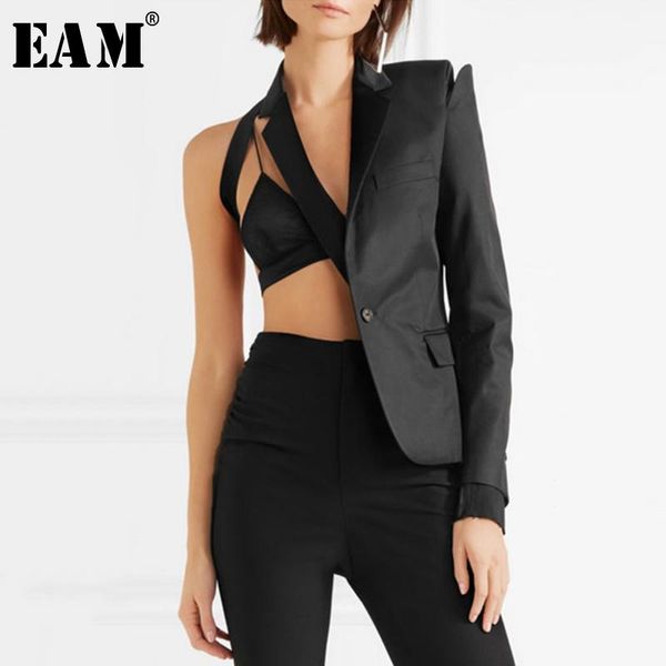 

eam] loose fit black bandage hollow out one side jacket new lapel long sleeve women coat fashion tide spring autumn 2020 1a4470, Black;brown