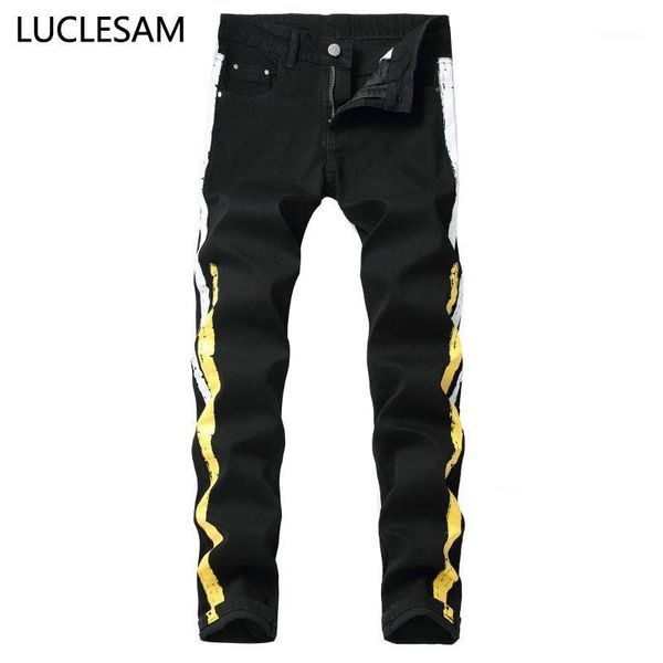 

mens skinny side stripe jeans streetwear hip hop biker jeans for men black casual printed denim pants elastic slim fit trousers1, Blue