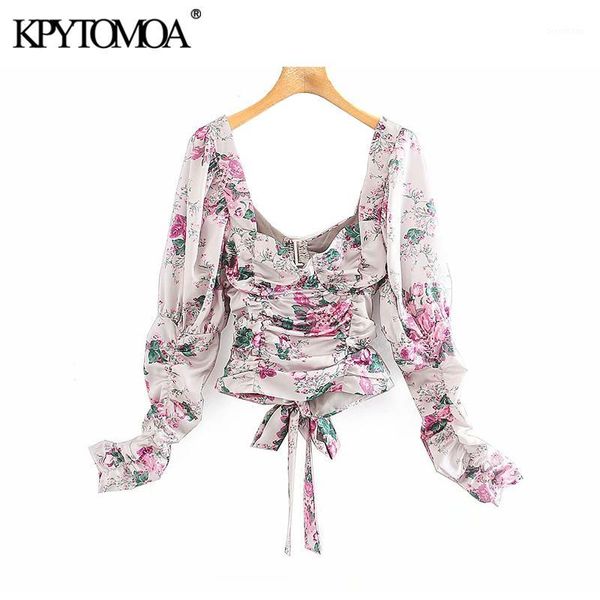 

vintage stylish floral print pleated cropped blouses women 2020 fashion v neck backless bow tie beach female shirts chic 1, White