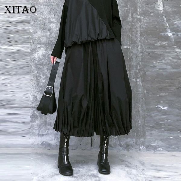 

xitao high waist pocket pleated pants women clothes 2020 spring new loose casual elastic waist match all wide leg pants xj34251, Black;white