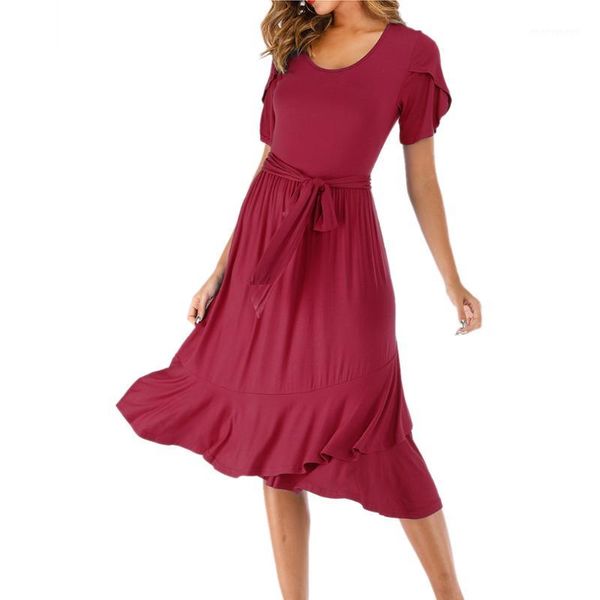 

short sleeve lace up solid attractive daily beach holiday mid length with belt women dress gifts crew neck summer casual1, Black;gray