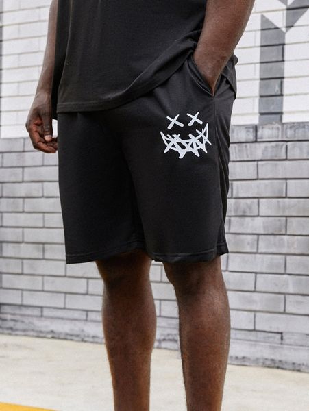 

extended sizes men expression print drawstring waist shorts x5fc#, Black
