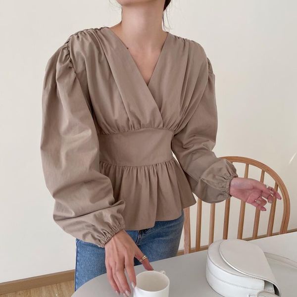 

women's blouses & shirts v neck slim waist belt blouse women shirt puff sleeve autumn lady princess look chemisier femme camisa mujer, White