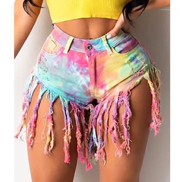 

women's shorts trendy women summer tie dye print tassel design ripped denim shorts1, White;black