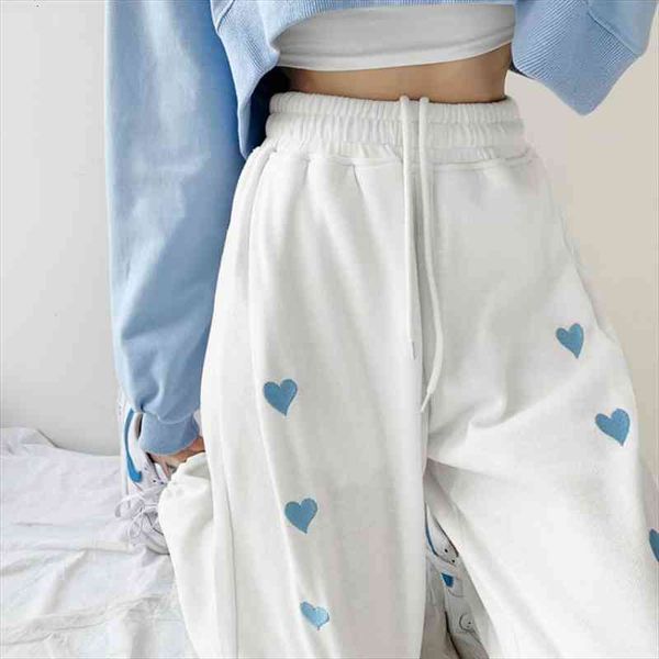 

korean women casual loose heart print streetwear sweatpants femme high waist harajuku trousers wide leg sport jogger harem pants, Black;white