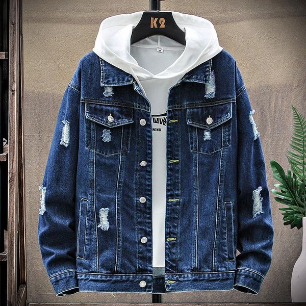 

denim jacket men casual turn-down collar hole spring autumn jacket men streetwear bomber clothing, Black;brown