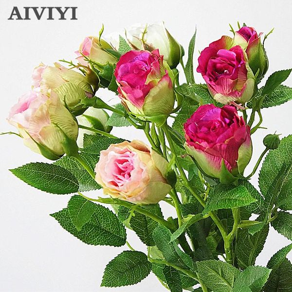 

4 heads silk rose artificial flowers long stem wedding decoration fake flowers plastic branches with leaves home l decor