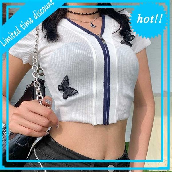 

2021 summer new women's butterfly label v-neck zipper cardigan versatile t-shirt, White