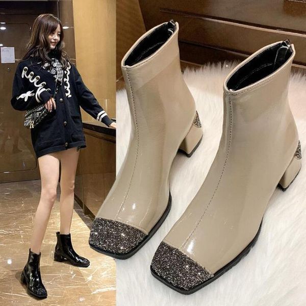 

ботильоны женские сапоги женская обувь мода блестки на высоких каблуках короткие pu ретро 2020 осень новый стиль короткие d563, Black