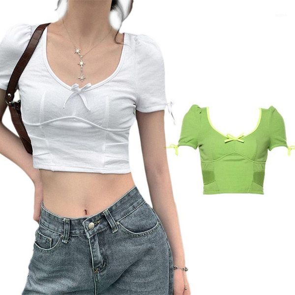 

women short puff sleeve crop ribbed knit u-neck t-shirt bowknot slim fit tee1, White