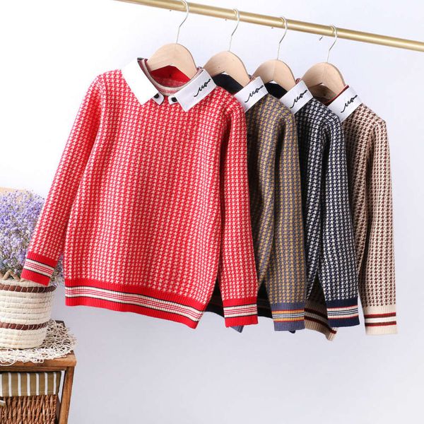 

2021 spring new clothing korean shirt collar boys' t-shirt zhongda children's thousand bird check sweater 130-160, Blue