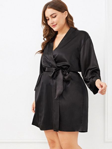 

plus self belted knot robe j4cb#, Black;white