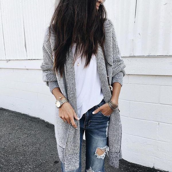 

женщины plaid печать кардиган повседневный длинным рукавом кардиган осень streetwear белый черный plaid набивным рисунком открыть передний к, Black;brown