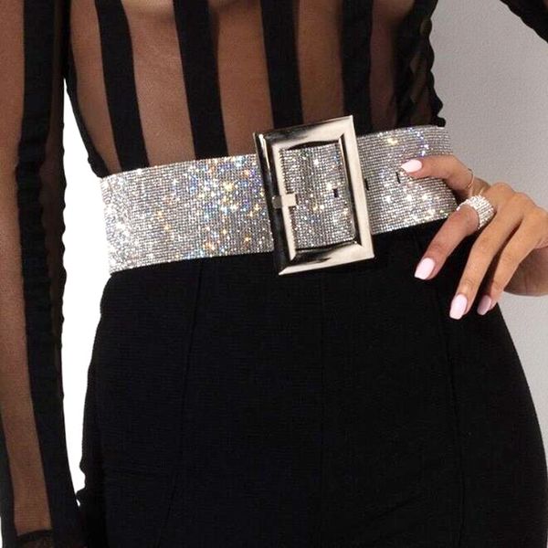 

new fashion luxury women crystal wide belt rhinestones leather belts straps girls jeweled girdle dress beads belts accessory y200424, Black;brown