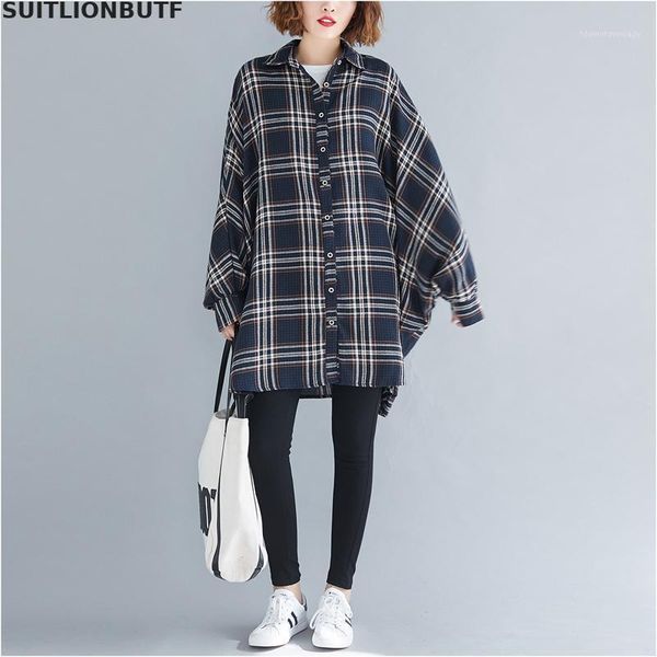 

women's blouses & shirts plus size kimono blouse tunic 2021 plaid blusas femininas spring autumn batwing sleeve loose cotton shirt vint, White