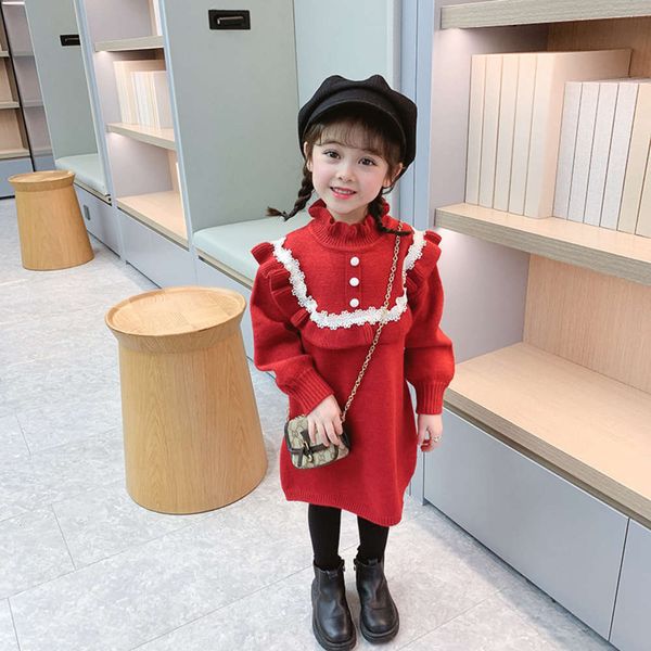 

t-shirt autumn girls' drs long sve and winter sweet children's princs skirt lace medium length versatile sweater fashion, Blue