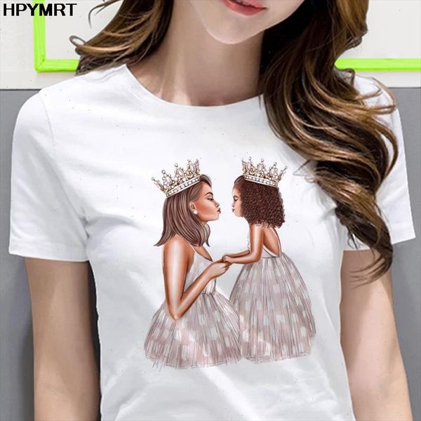 

t shirt for women mom daughter wearing a crown printed vogue tshirt casual t shirt new summer tee shirt streetwear clothing, White