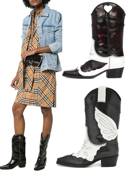 

woman chunky low heel mid boots white black color embroidery woman knight boots leather motorcycle real ps