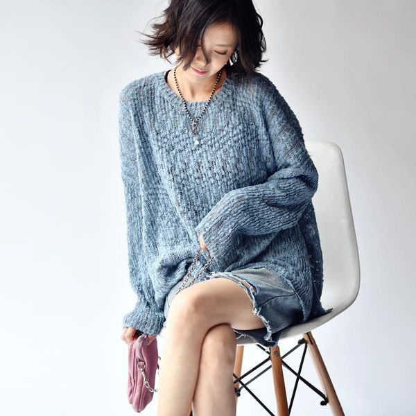 

women's sweaters micoco z6017c vintage-inspired blue side slit open loose pullover sweater women fall, White;black