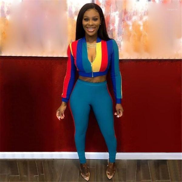 

2pcs women suits color block zipper long sleeves crop + elastic high waist trousers outfits autumn spring female bodycon set1, Gray