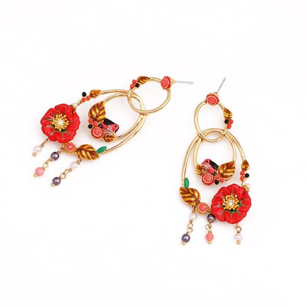 

autumn and winter new trend personality enamel red flower stud earrings fashion tassel long geometric circle earrings jewelry, Golden;silver