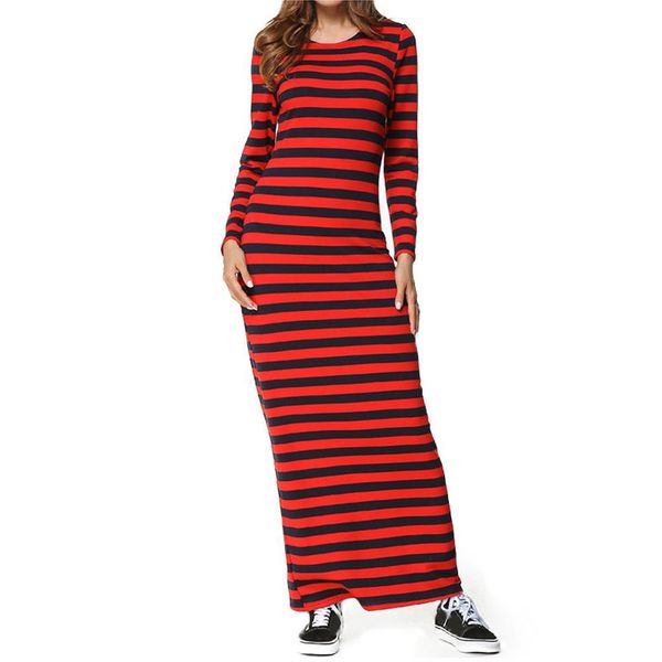 

women's dresses simple slim long sleeve stripe pullover round collar fashion ankle-length dress, Black;gray