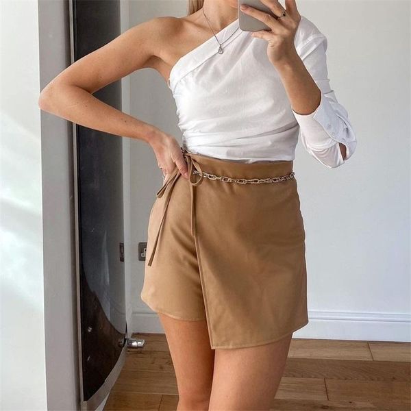 

women's blouses & shirts women 2022 fashion pleated asymmetry solid color vintage one shoulder back button-up female streetwear, White