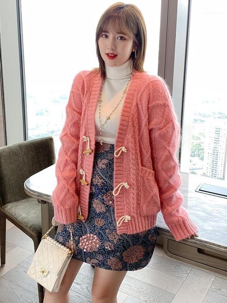 

ling, jacquard rope big horn v-neck loose knitting cardigan women's new winter plus sizes large size1, Gray