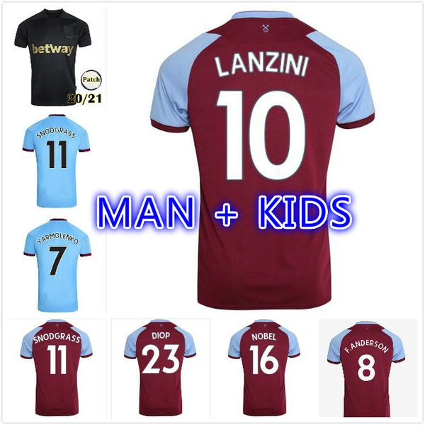 

ham men kids 20 21 united soccer jerseys third away black lanzini chicharito noble antonio 2020 2021 football shirts 125th anniversary, Black;yellow