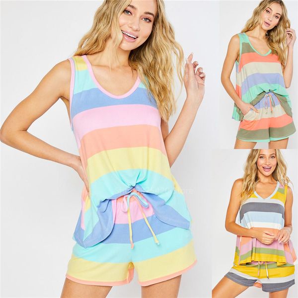 

womens rainbow print short pajamas set sleeveless summer loungewear v-neck shorts set plus size loose woman nightwear sleepwear t200707, Black;red